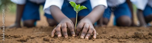 Close-up of a group of black schoolchildren planting trees.