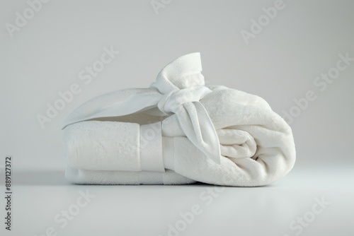 A crisp white bathrobe is neatly folded on a clean white surface, evoking feelings of relaxation and tranquility. The simple yet elegant composition creates a sense of calmness.