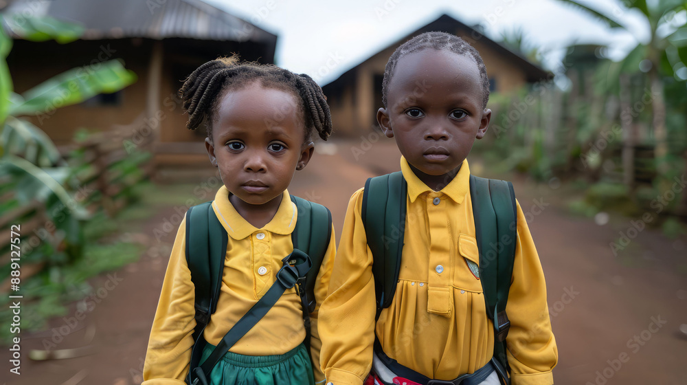 Two young children African in school uniforms stand together, backpacks ...