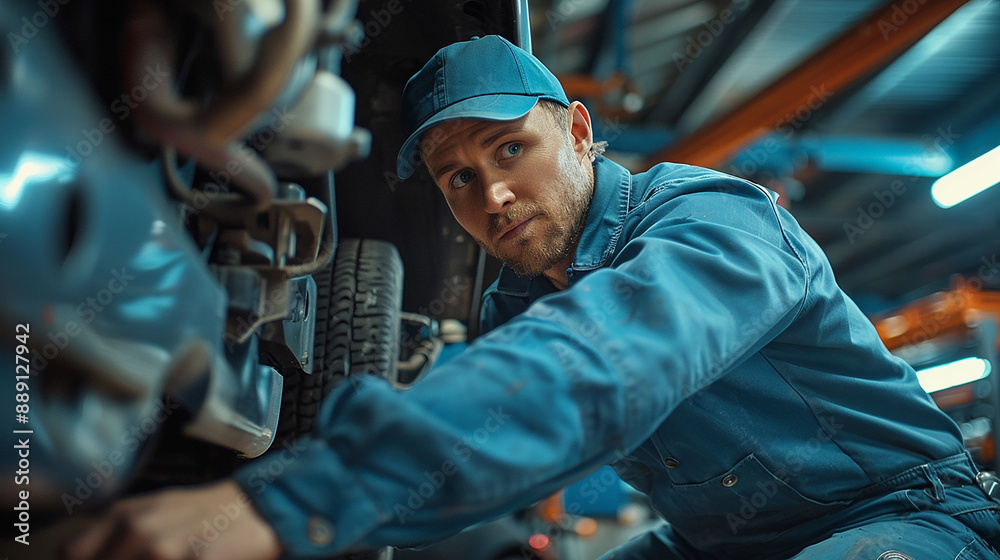 In a contemporary garage, a car mechanic dressed in a blue uniform and cap stands under a car, focusing on the repair of the vehicle's suspension and ensuring optimal performance In a contemporary garage, a car mechanic dressed in a blue uniform and cap stands under a car, focusing on the repair of the vehicle's suspension and ensuring optimal performance