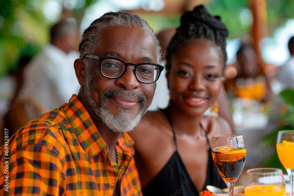 African american man is smiling and looking to the camera, his daughter is behind him. Restaurant scene. Copy space for text African american man is smiling and looking to the camera, his daughter is behind him. Restaurant scene. Copy space for text