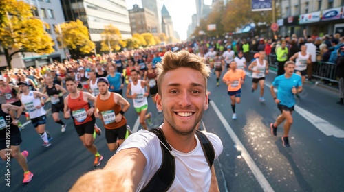 Young Man Marathon Runner Taking a Selfie, Happy Athlete in a Large Race Event