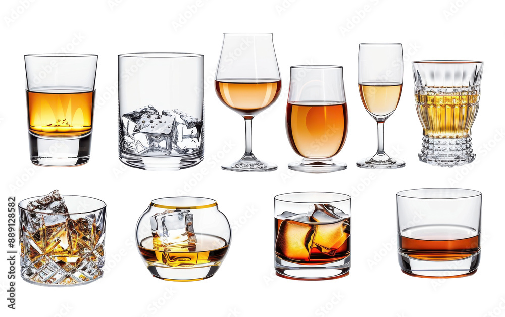 Various Glassware Filled With Amber Liquid on White Background Various Glassware Filled With Amber Liquid on White Background