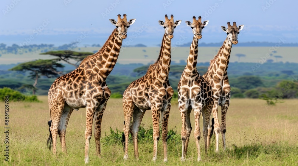Fototapeta premium A herd of giraffes graze peacefully in a lush green valley, with rolling hills and distant mountains forming a stunning backdrop