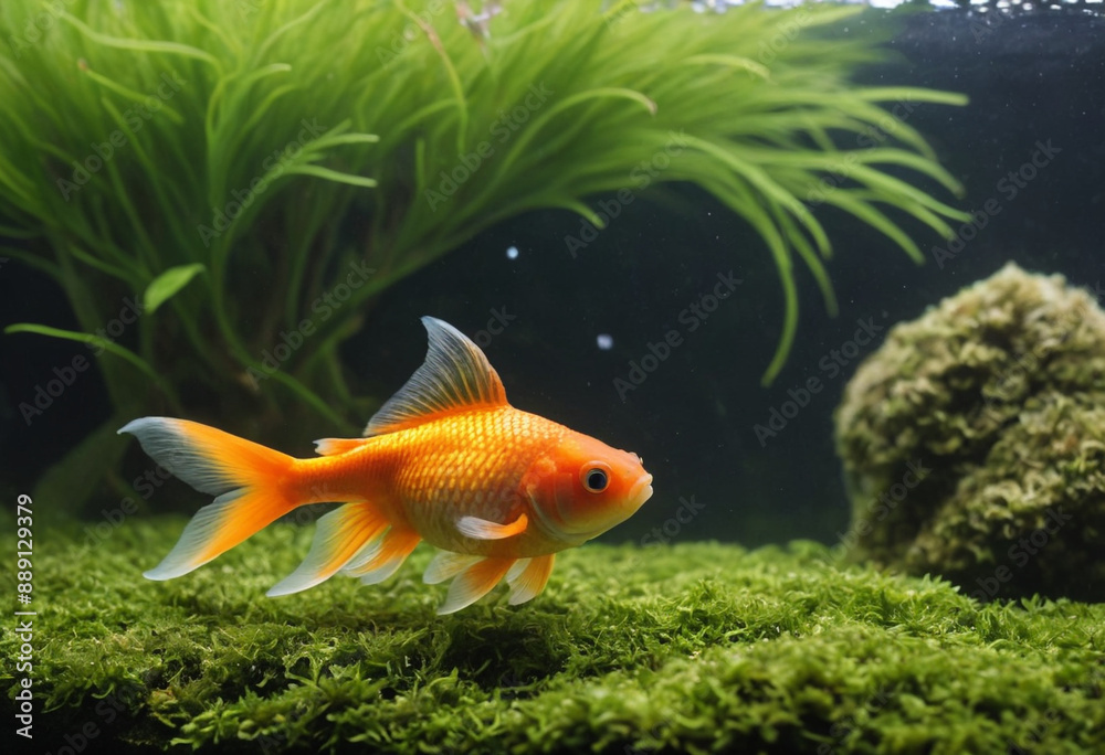 A playful goldfish nibbling on algae in a moss-covered aquarium. A playful goldfish nibbling on algae in a moss-covered aquarium.