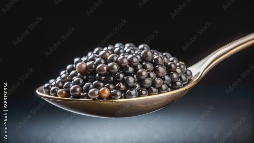 Luxurious black caviar delicacy on a spoon, isolated on a dark background, showcasing sturgeon eggs' delicate, shiny, iridescent pearls. Luxurious black caviar delicacy on a spoon, isolated on a dark background, showcasing sturgeon eggs' delicate, shiny, iridescent pearls.