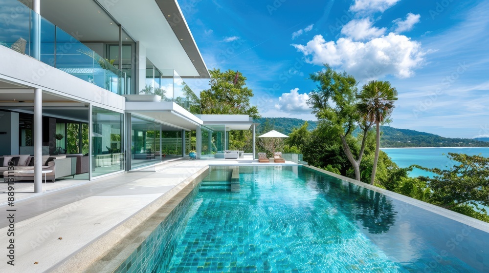 Fototapeta premium A luxurious modern villa with infinity pool, glass walls, and panoramic views of a tropical beach and turquoise sea