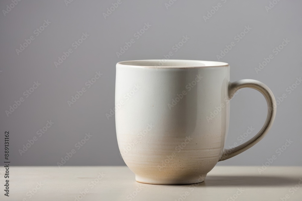 White ceramic mug with brown rim on white surface against gray background White ceramic mug with brown rim on white surface against gray background