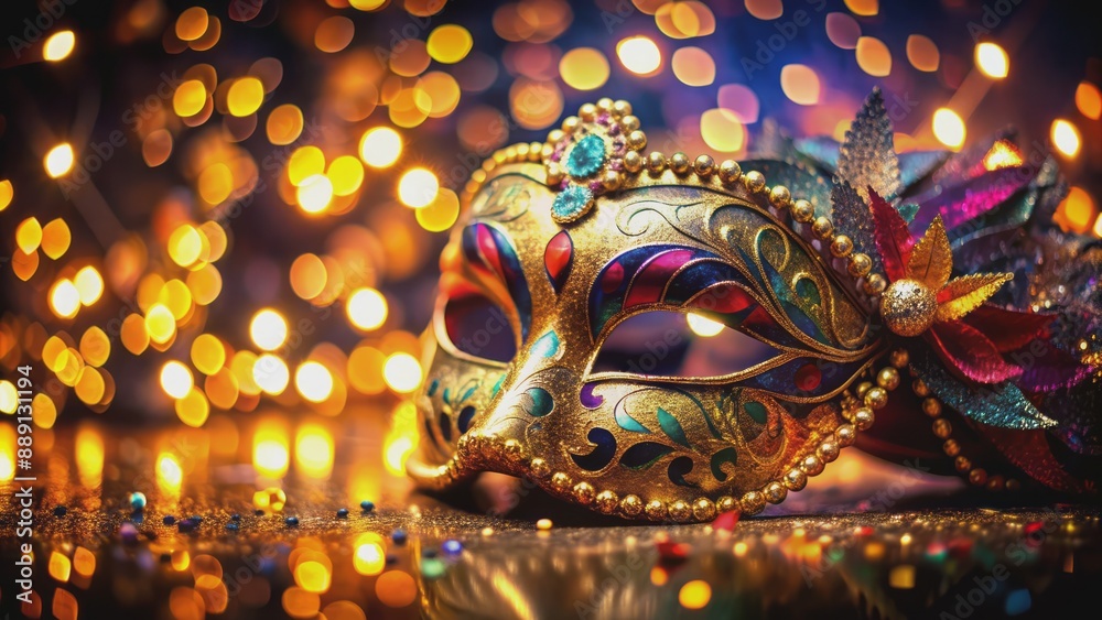 Vibrant, ornate carnival mask sits solo on black background, surrounded by defocused, twinkling lights, evoking festive Latin American holiday spirit. Vibrant, ornate carnival mask sits solo on black background, surrounded by defocused, twinkling lights, evoking festive Latin American holiday spirit.