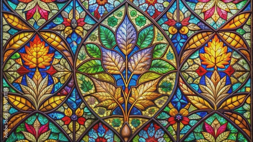 Vibrant stained glass window background featuring intricate, multidimensional leaf patterns and abstract shapes in kaleidoscopic colors with flowing forms.