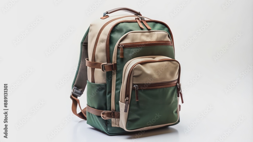 Fototapeta premium Isolated white background showcases a sturdy, empty, classic-style school backpack standing upright, zippers and straps prominently displayed.