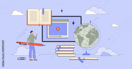 Blended learning with hybrid education tiny person neubrutalism concept. Virtual course with online academy for effective teaching vector illustration. Adaptive study method with remote training.