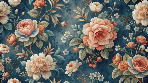 Wallpaper Mural Whimsical dark blue backdrop features romantic coral and white flowers with intricate 3D shading in a distressed vintage floral pattern. Torontodigital.ca