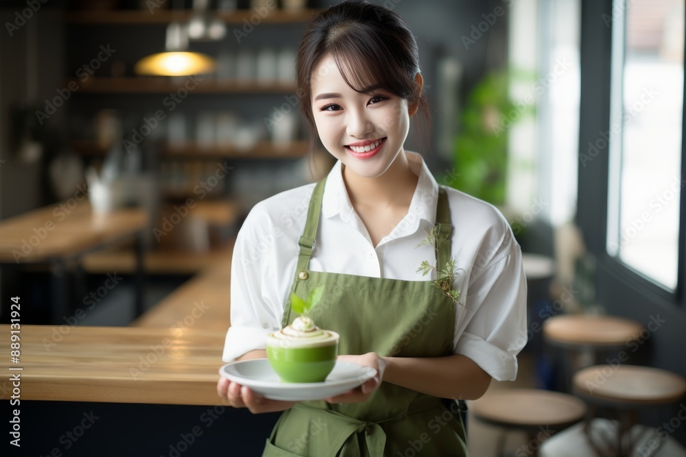 smiling young asian waitress at restaurant holding cup of traditional green matcha tea on saucer smiling young asian waitress at restaurant holding cup of traditional green matcha tea on saucer