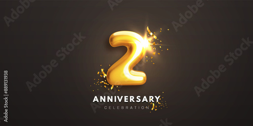 Second anniversary celebration banner. Realistic glossy 3d golden number 2 and sparkling confetti on black background. Decorative element for poster, invitation, greeting card. Vector illustration