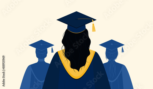 Female graduate with long hair in blue academic gown and graduation cap view from the back. Group of Graduates silhouette. Graduation ceremony. Vector illustration. 