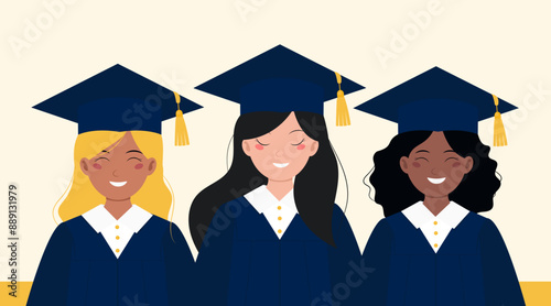 Happy female graduates in blue academic gown and graduation cap. College or university ceremony. Vector illustration. 