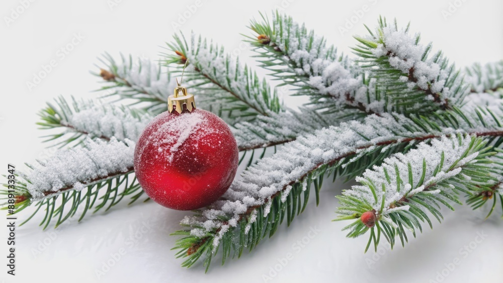 A solitary, snow-dusted, ornament-adorned Christmas tree branch extends diagonally across a pure white background, exuding festive winter serenity. A solitary, snow-dusted, ornament-adorned Christmas tree branch extends diagonally across a pure white background, exuding festive winter serenity.