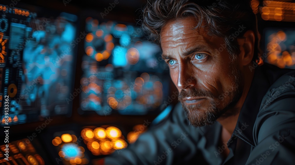 Man with beard and blue eyes looks intently at a computer screen in a dark room. Man with beard and blue eyes looks intently at a computer screen in a dark room.