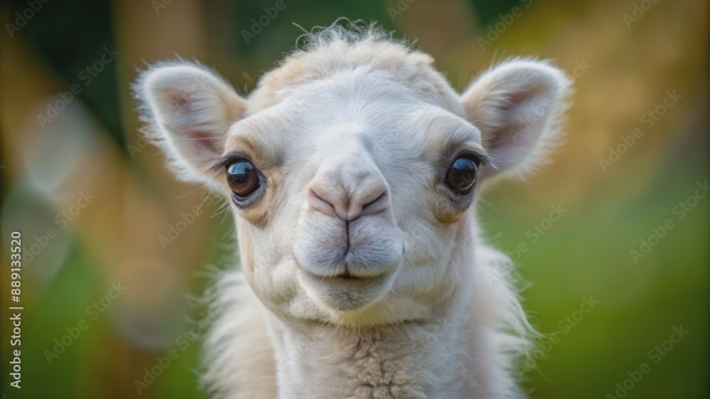 Obraz premium Adorable white camel calf's soulful eyes and gentle features showcased in a stunning close-up portrait set against natural backdrop.