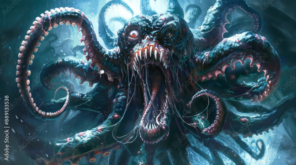 Obraz premium Hellish monster with tentacles and wide open toothed mouth: schizophrenia, bad dream, psychedelic trip