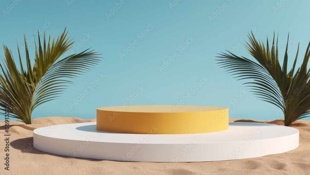 Obraz premium 3d podium stand for product presentation with summer concept. Pedestal platform. Minimal summer vacation.