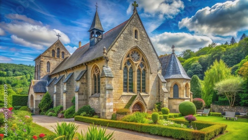 Beautiful serene stone-built ?glise with ornate stained glass windows and Gothic arches set amidst lush greenery in rural France. photo