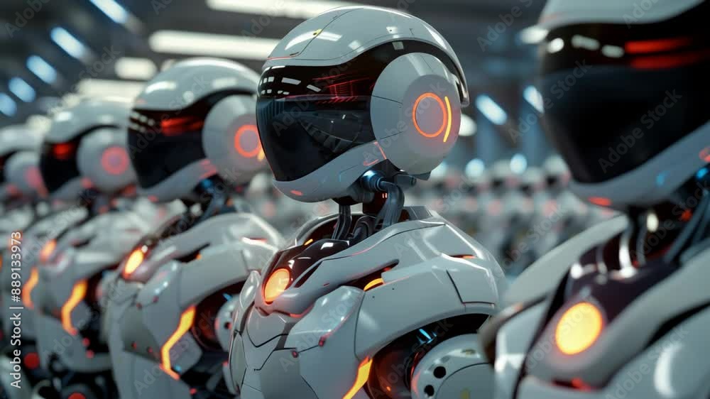 Row of futuristic robots with glowing red eyes in a high-tech facility