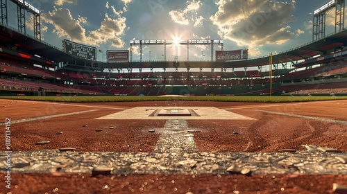 Cinematic view of an empty baseball stadium with dramatic lighting photo