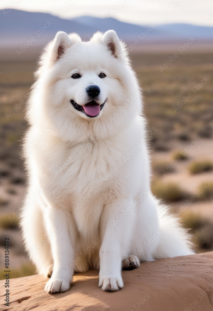Samoyed standing on a rocky cliff overlooking a vast desert landscape, with sand dunes stretching to the horizon. Samoyed standing on a rocky cliff overlooking a vast desert landscape, with sand dunes stretching to the horizon.