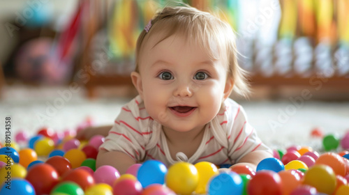 Happy baby smiling while playing in a pool of colorful plastic balls, capturing joy and childhood innocence.
