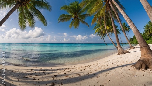 Beautiful tropical beach with white sand and coconut palms. Wide panorama travel banner