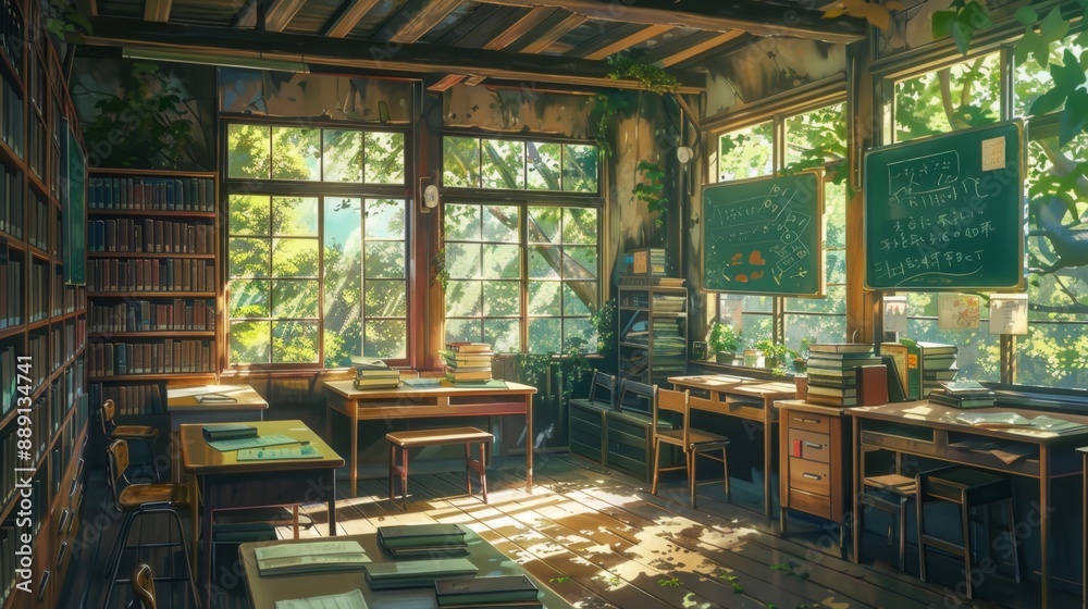 An old Japanese classroom with windows and tables, shelves with books, aesthetic green nature, anime inspired artwork An old Japanese classroom with windows and tables, shelves with books, aesthetic green nature, anime inspired artwork