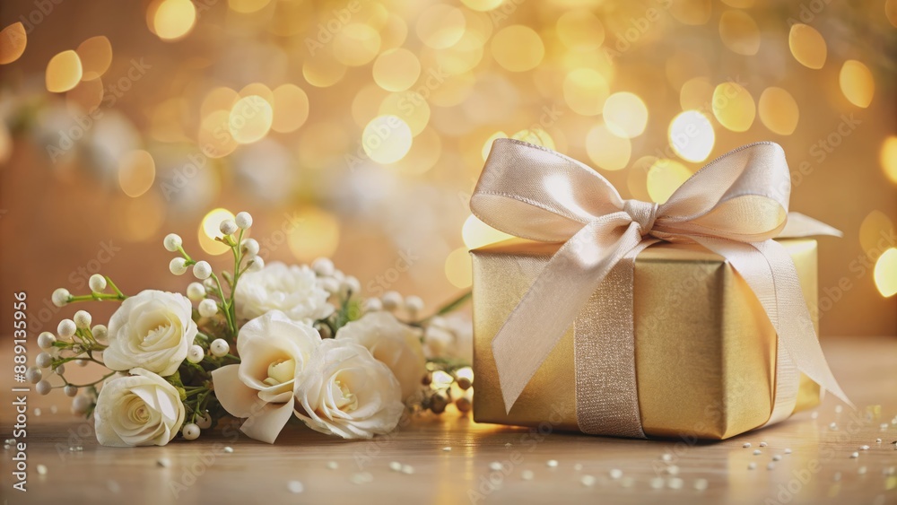Elegant golden gift box adorned with crisp white bow and delicate flowers on a warm, soft-lit, creamy background texture.