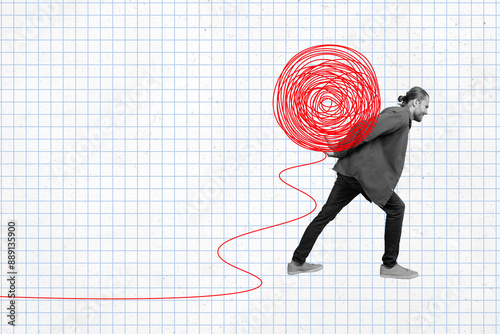 Photos Creative drawing collage picture of young man tired overworked carry weight nega