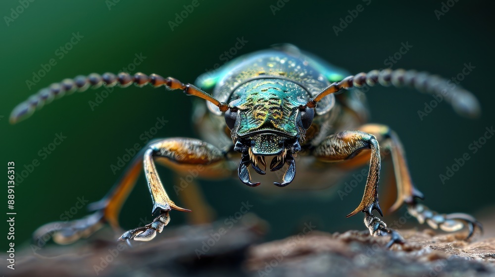 Fototapeta premium An extreme close-up shot of a beetle standing on a wooden surface, with its detailed body and antennas sharply in focus, set against a green blurred background.
