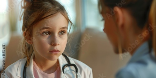 A young girl sits next to a woman wearing a doctor's coat, both engaged in a medical consultation