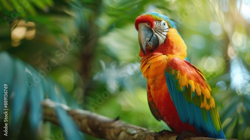 A beautifully vivid macaw parrot with multicolored feathers perches gracefully on a tree branch, set against a lush green background, exuding vibrancy and elegance.