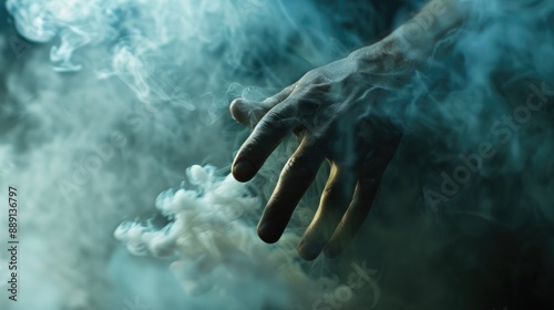 A hand extends from a thick cloud of smoke, suggesting concealment or mystery