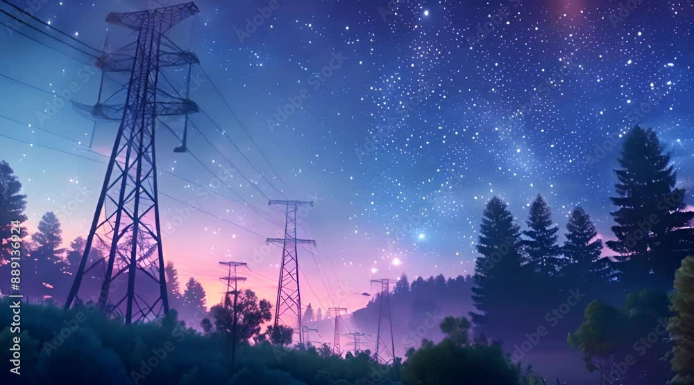 Renewable energy transmission lines 3d visualization of electricity under starlit night sky