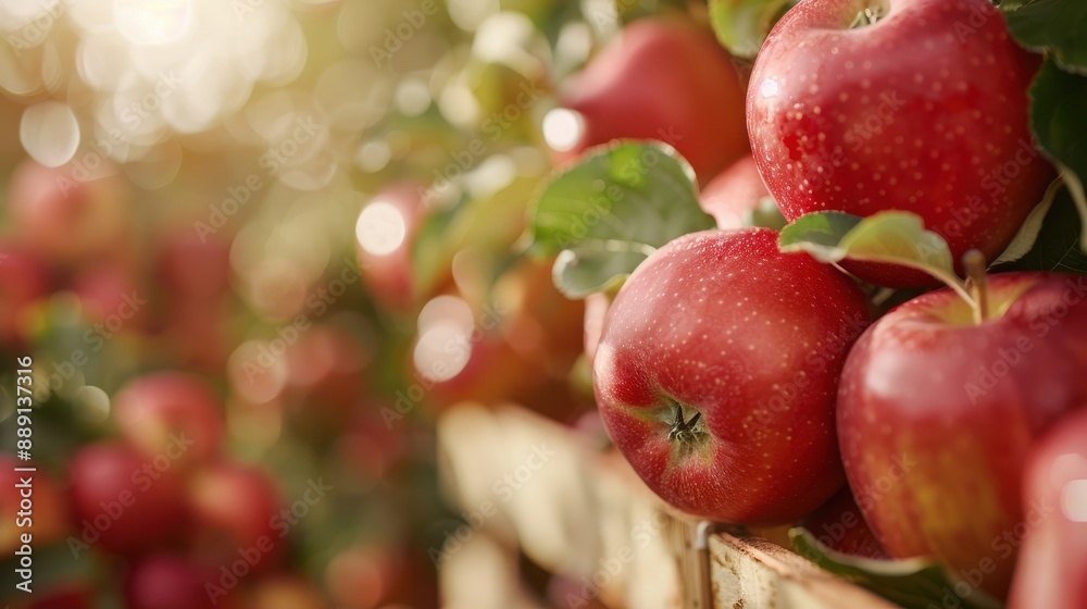 A close-up shot of multiple ripe red apples with leaves in wooden baskets, capturing the freshness and abundance of fruit during the harvest season in an orchard. A close-up shot of multiple ripe red apples with leaves in wooden baskets, capturing the freshness and abundance of fruit during the harvest season in an orchard.