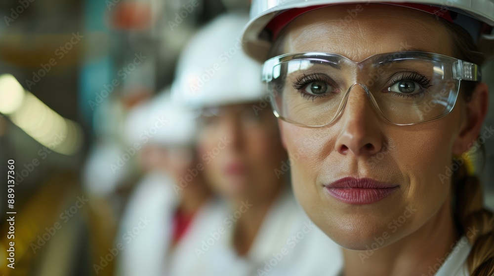 A confident woman wearing a hard hat and safety glasses stands in an industrial setting, closely inspecting machinery, embodying professionalism and precision in her technical role.