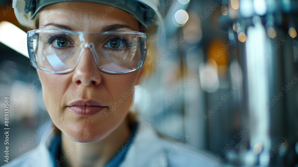 A professional female engineer wearing a white hard hat and clear safety glasses in an industrial facility, representing competence and dedication to maintaining safety standards. A professional female engineer wearing a white hard hat and clear safety glasses in an industrial facility, representing competence and dedication to maintaining safety standards.