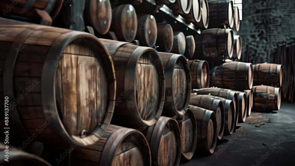 Wooden barrels stacked in a dimly lit cellar Wooden barrels stacked in a dimly lit cellar