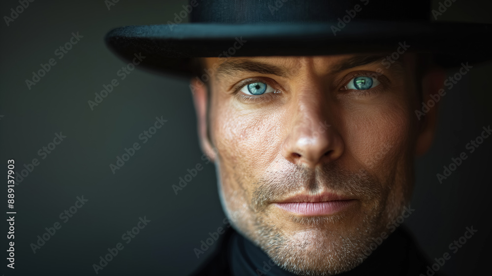 Man with piercing blue eyes in black hat and attire, conveying intense and mysterious presence in close-up portrait against dark background. Man with piercing blue eyes in black hat and attire, conveying intense and mysterious presence in close-up portrait against dark background.