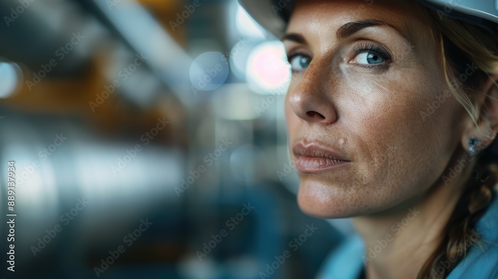Indoor close-up portrait of a serious engineer woman wearing a yellow helmet, highlighting the importance of engineering precision, responsibility, and professionalism in the energy sector. Indoor close-up portrait of a serious engineer woman wearing a yellow helmet, highlighting the importance of engineering precision, responsibility, and professionalism in the energy sector.