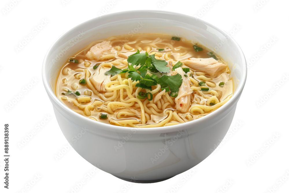White bowl of chicken noodle isolated on transparent background White bowl of chicken noodle isolated on transparent background