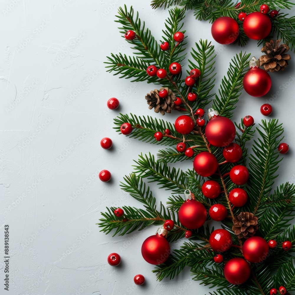 Christmas wallpaper with ornaments and pine branches on white background with copy space. Christmas wallpaper with ornaments and pine branches on white background with copy space.