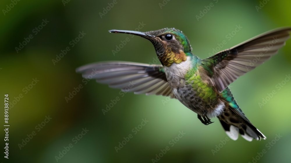 This image captures a beautiful hummingbird in mid-flight with its wings outstretched, showcasing the iridescent feathers and natural background in stunning detail. This image captures a beautiful hummingbird in mid-flight with its wings outstretched, showcasing the iridescent feathers and natural background in stunning detail.