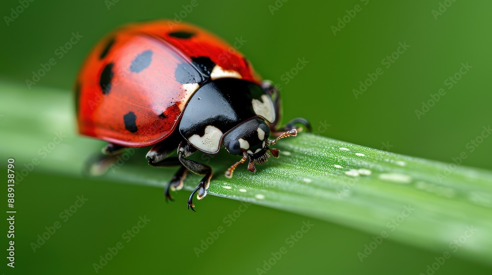 A vibrant ladybug with distinct black spots is perched carefully on a green blade of grass, highlighting its delicate features against the lush, natural background. A vibrant ladybug with distinct black spots is perched carefully on a green blade of grass, highlighting its delicate features against the lush, natural background.